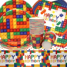 Building Block Party Tableware, Doyomtoy 16 Guests Building Block Birthday Decoration Baby Birthday Cups Napkins Tablecloth for Children Party Decoration Baby Shower Pack of 49