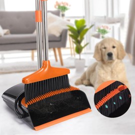 Stand Up Broom with Dustpan Combo Set, 52" Adjustable Long Handle with Cleaning Teeth,Indoor&Outdoor Sweeping, Perfect for Pet Hair, Kitchen, Office, Home(Black&Orang)