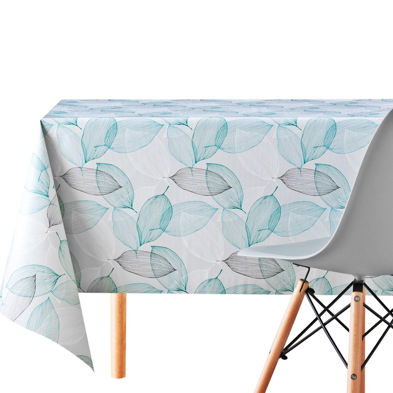 KP HOME Wipe Clean Tablecloth Grey And Teal Leaves Pattern