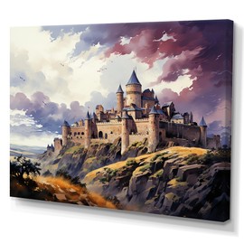 DesignQ Large France Wall Art, French Castle Of Carcassonnes In Medieval Era, france Wall art decor, Purple Canvas wall art, 32x24 inches