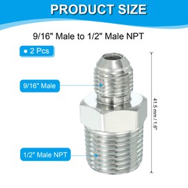 PATIKIL Hex Reducing Nipple Connectors Pipe Adapter 9/16" Male 37° Flare JIC x 1/2" Male NPT, 2 Pack Pipe Fitting Reducer Nipple Adapter Plated Steel Hydraulic Fitting