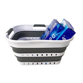 SAMMART Collapsible Plastic Rectangular Laundry Basket - Foldable Pop Up Storage Container/Organizer - Portable Laundry Hamper - Space Saving (White/Steel Grey, 19L)