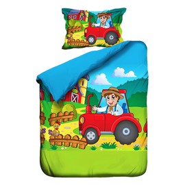 JACK Children's Renforce Baby Bed Linen 2-Piece 100 x 135 cm Tractor Farmer Field Colourful Zip
