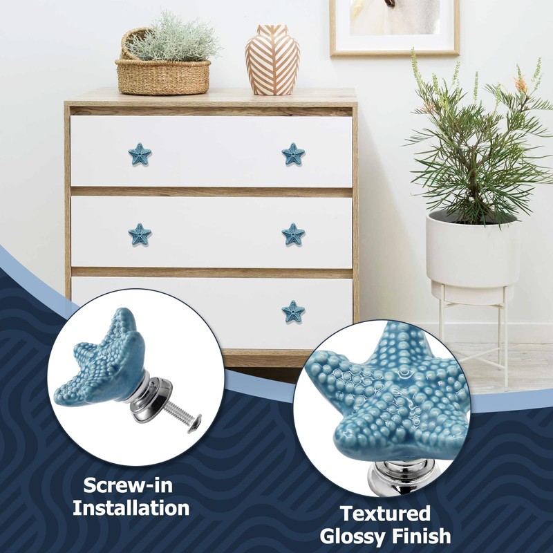 Luomorgo 4 Pack Ceramic Starfish Drawer Knobs - Coastal Blue