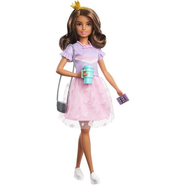 Barbie Princess Adventure Teresa Doll (11.5-inch Brunette) in Fashion and Accessories, with Smart Phone, Purse, Travel Mug and Tiara, Gift for 3 to 7 Year Olds GML69 Multi