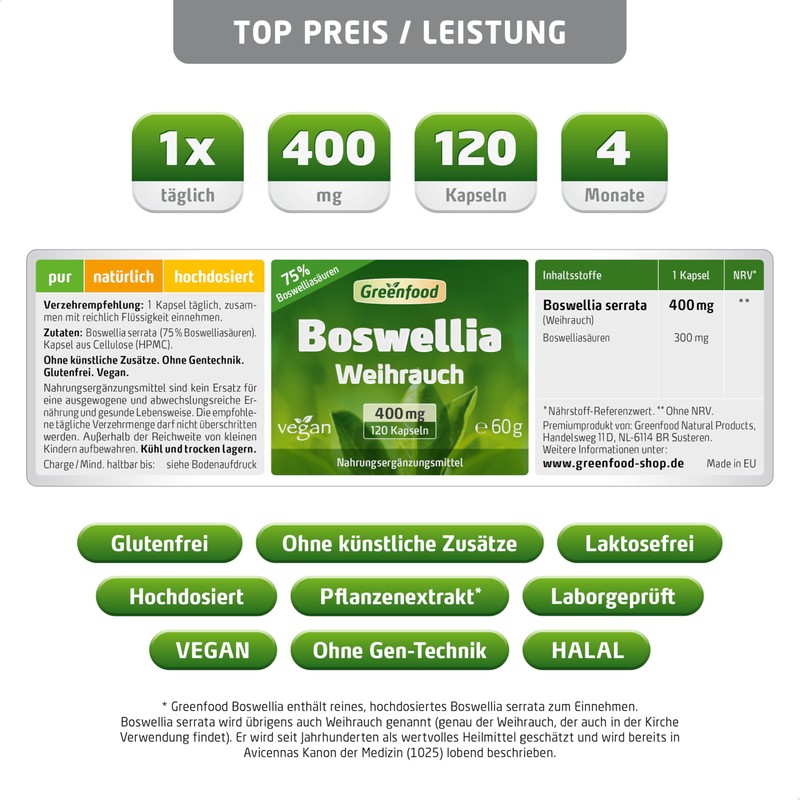 Frankincense (Boswellia Serrata), 400 mg, Hochdosiert, Vegi Capsules for a