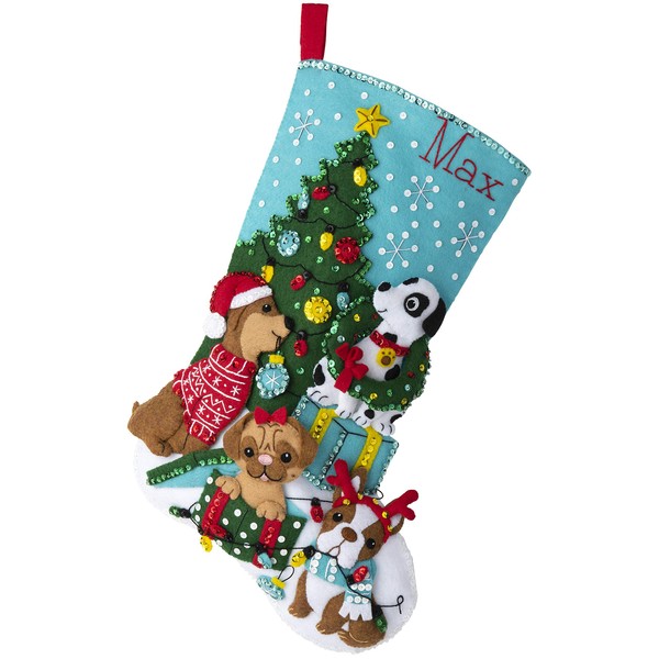 Bucilla Felt Applique 18" Stocking Making Kit, Christmas Dogs, Perfect