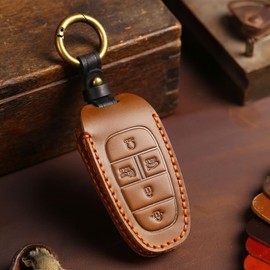 Hontumax Genuine Leather 5-Button Key Fob Case Cover for Hyundai Sonata IONIQ 5 Nexo Tucson Santa Fe 2020 2021 2022 2023 2024 2025 Accessories (Brown)