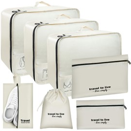 FeinKulturia Travel Bag Organizer 7 Teilige Koffer Packing Cubes Set Verstärkungsnähen mit Kosmetiktasche Schuhbeutel USB Kabeltasche Kleidertaschen Packwürfel Packtaschen Reise Zubehör Beige