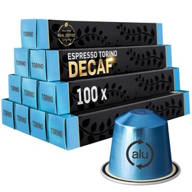 Decaf Italian ‘Torino’ Espresso Compatible with Nespresso | 100 Decaffeinated Aluminum Capsules | Bold Italian Flavor With No Buzz | Medium roast Arabica unfolds fresh fruits, flowers and honey