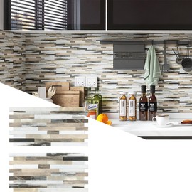 KASARO 20-Sheets Peel and Stick Backsplash Tile for Kitchen, Marble Brown White with Vintage Gold Embellished Stripes Tiles, Self Adhesive PVC Mosaic Wall Tile Decorative for Bathroom, Fireplace, RV