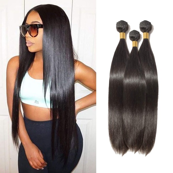 18 Inch Human Hair Weft Sew In Natural Black Brazilian Hair 3 Bundles Long Silky Straight Unprocessed Hair Weave Extensions for Women 18"x3 #1B 300g/pack