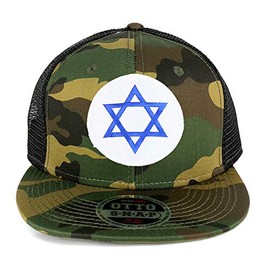 Armycrew Star of David Patch Camo Snapback Mesh Flatbill Baseball Cap - CAMO Black