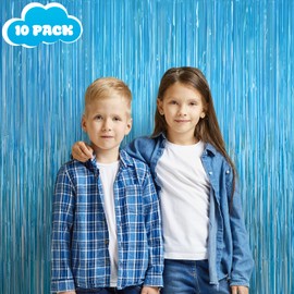 LOLStar 10 Pack Light Blue Themed Party Decorations, 3.3x6.6 ft Gold Foil Fringe Curtains, Tinsel Backdrop, Wedding or Engagement Photo Booth Prop Streamer Backdrop for Summer Pool, Baby Shower