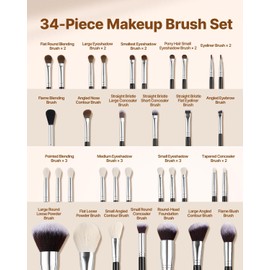 VEVOR 34-Piece Makeup Brush Set, Professional Makeup Brushes Kit for Foundation Blending Eyeshadow Concealer Blush - with Soft Bristles, Ergonomic Wood Handle, Travel-Friendly Case Included