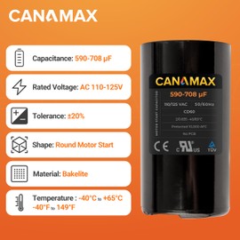 Canamax 590-708 MFD uf 50/60 Hz 110-125 VAC Volts Round Start Capacitor - Compatible with AC Motor Run or Fan Start and Cool or Heat Pump Air Conditioner - Replaces 6FLL3 2MDU7 CAP-590-110