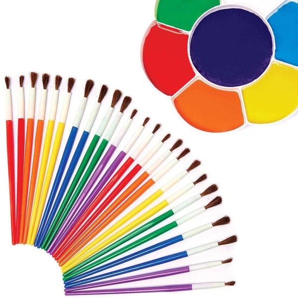 Baker Ross FC874 Natural Hair Paint Brushes - Pack of 36, Kids Paint Brush Set, Ideal for Acrylic Paint and Water Based Paints, Yellow,orange,blue,green,red,purple
