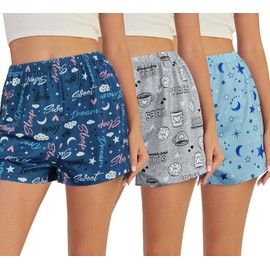 YIJIU Summer Pajama Shorts for Women 3 Pack Classic Print Elegant Sleepwear Soft Stretch Elastic Waist Lounge Sleep Bottoms,Blue Grey Star,L