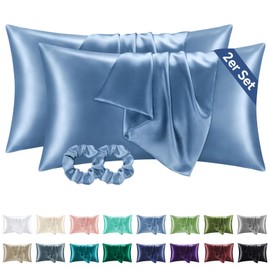 BEDELITE Satin Pillowcase 40 x 80 cm, Blue – Set of 2, Soft as Silk, 40 x 80 cm, Summer, with 2 Hair Bands, for Hair and Skin, Silk-Like Pillowcase, Pillow Cover