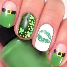 St. Patrick's Day Press on Nails Short French Tip Press on Nails Lip Print Clover Design Glossy Green Shamrock Fake Nails with Irish Glue on Nails Reusable Natural Gel Stick on Nails for Women 24Pcs