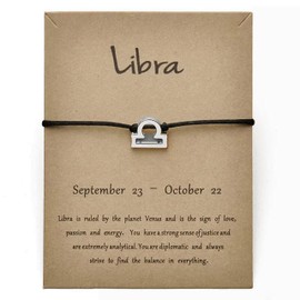 Silver Star Sign Black Rope Pendant Bracelet - Libra (23rd September - 23rd October) - Zodiac Constellation Horoscope Celestial Astrology Jewellery - Women Men Gift