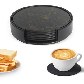 Figarge Marble Style Coasters Round Coasters Coasters for Drinks Reusable Coasters with Holder Black Coasters Suitable for Children of Cups (Black Gold)