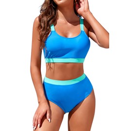 Adisputent Womens High Waisted Bikini Sets Sporty Crop Top Color Block Swimwear Bandeau Scoop Neck Vintage Two Piece Bathing Suits Blue XL