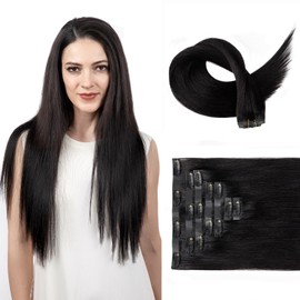 SOBEAUTY Clip in Hair Extensions, Real Human Hair Extensions, 100% Human Hair Remy Natural Volume Hair, Full Head Invisible PU-Tape Weft Seamless Hair Extension 110g 7 Pcs (Natural Black 1b 14 inch)