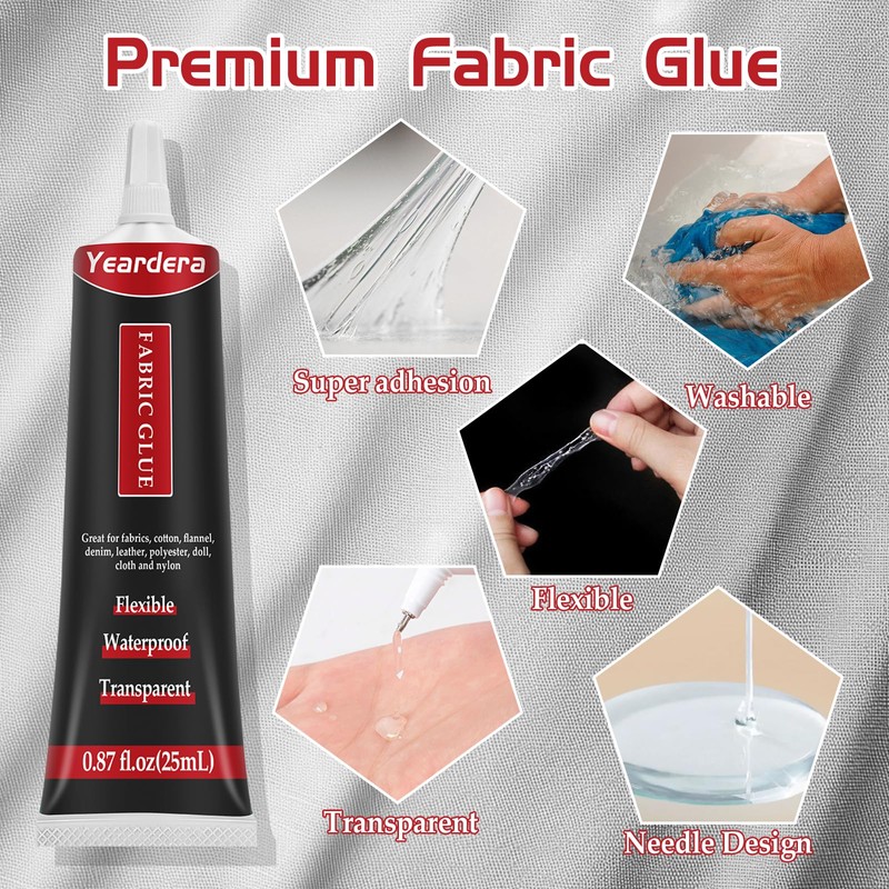 Yeardera Fabric Glue, Permanent, Clear, Washable Adhesive for Clothing, Patches,