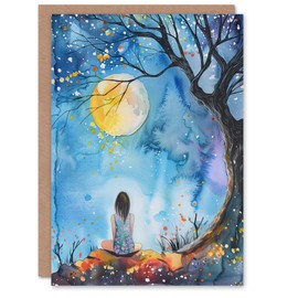 Artery8 Full Moon Gazing Autumn Night Watercolour Greeting Birthday Card Him Her All Blank