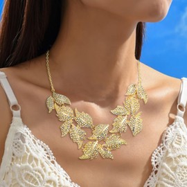 Flyonce Floral Leaf Statement Necklace Bohemian Boho Vintage Choker Necklaces for Women Chunky Big Summer Outfits Iridescent Gold-Tone