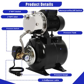 1.0HP Well Pump with Pressure Tank, Stainless Steel Irrigation Well Shallow Water Pressure Booster Pump for Home, Garden, Lawn（Black）