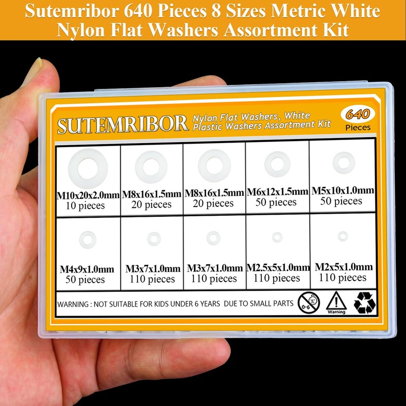 Sutemribor 640-Piece 8-Size White Nylon Washers Assortment Kit - Metric