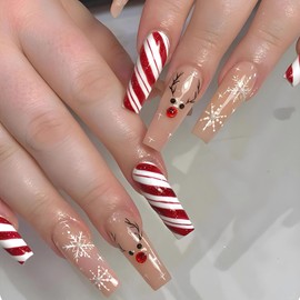 MERVF Christmas Press on Nails Long Coffin Fake Nails Red White Ballerina Glue on Nails with Snowflake Design Artificial Acrylic Nails 24pcs Glossy False Nails