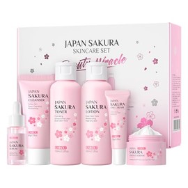 LAIKOU- Set de cuidado de la piel JAPAN SAKURA Sets de regalo de belleza para mujeres Kit de cuidado de la piel con limpiador, tónico, loción, suero,
