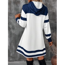 SweatyRocks Women's Anchor Graphic Hoodie Dress Drawstring Lightweight Long Sleeve Short Dresses Blue and White S