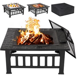 Saicool Outdoor Fire Pit 32-inch Wood Burning Pit Square Metal Firepit with Spark Screen Cover and Fire Pit Poker for Outdoor Camping Backyard Heating Garden Picnic and Patio Bonfire