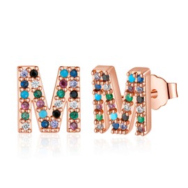 Memorjew Initial Stud Earrings for Women - Mothers Day Gifts for Women Grandma Wife, 925 Sterling Silver stud, Rose Gold Plated Hypoallergenic stud, Letter M stud Earrings for Women Jewelry Gifts