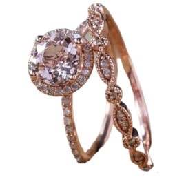 LRGKMCWTOB Fashion 2PCS Rings Elegant Women 18K Rose Gold Filled Morganite Pink Gemstone Wedding Bridal Ring Diamond Solitaire Wedding Engagement Rings for Women Set (US 8)