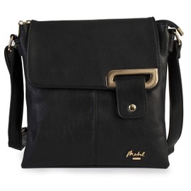Mabel Womens Messenger Cross-Body Shoulder Bag With Silver or Gold Trim - Medium Size Handbag - FAITH (Black - Gold Trim)