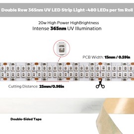 24V High-Intensity 365nm UV Light Strip Double Row 480 LEDs 1m 3.28Ft 22W High Power Flexible Black Light Strip, 4mm LED Spacing IP20 Indoor Dimmable Ultraviolet Light for Resin Curing (365nm, IP20)
