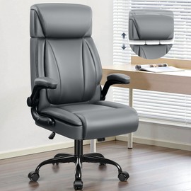 BestGlory Leather Office Chair, Big and Tall Office Chair Executive Breathable PU Computer Chair with Lumbar Support, High Back Home Office Desk Chair with Flip-up Armrests, Adjustable Headrest
