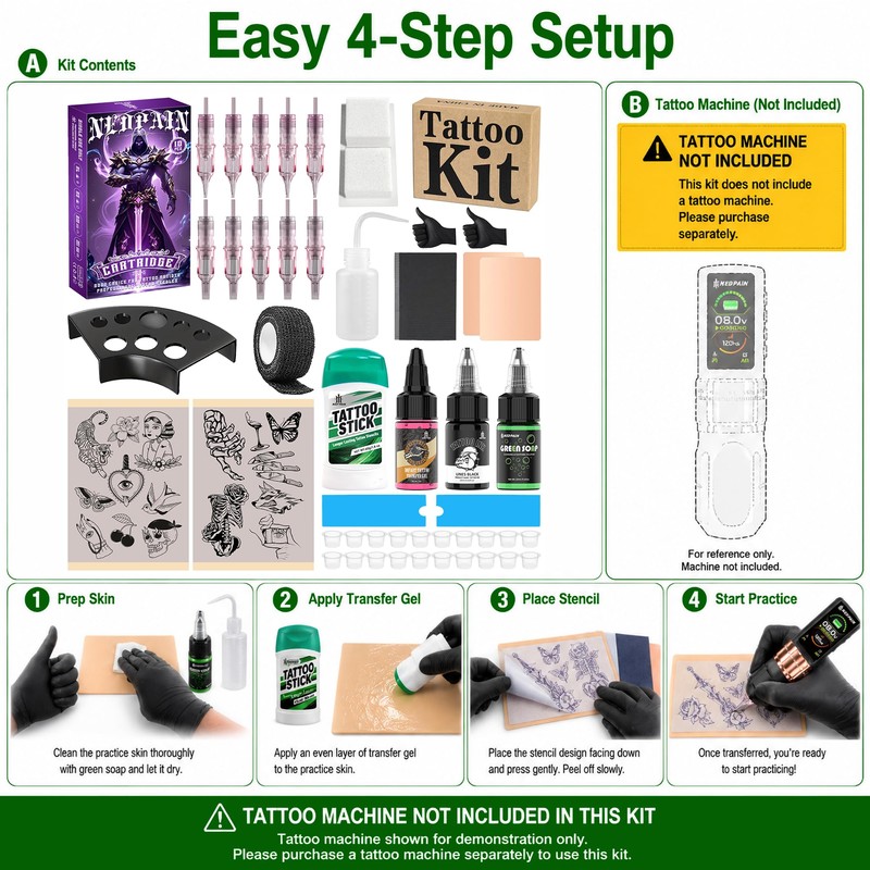 NEDPAIN Tattoo Practice Kit for Beginners with Skin, Needles and