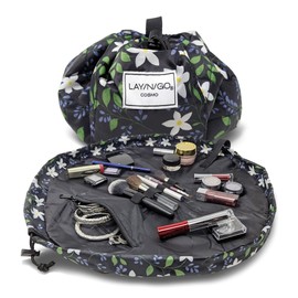 Lay-n-Go Cosmo Drawstring Cosmetic & Makeup Bag Organizer - Portable Drawstring Makeup Bag w/Zipper Pocket, Makeup Loops & More - Durable, Machine Washable Makeup Bag for Travel (20”, Floral Large)