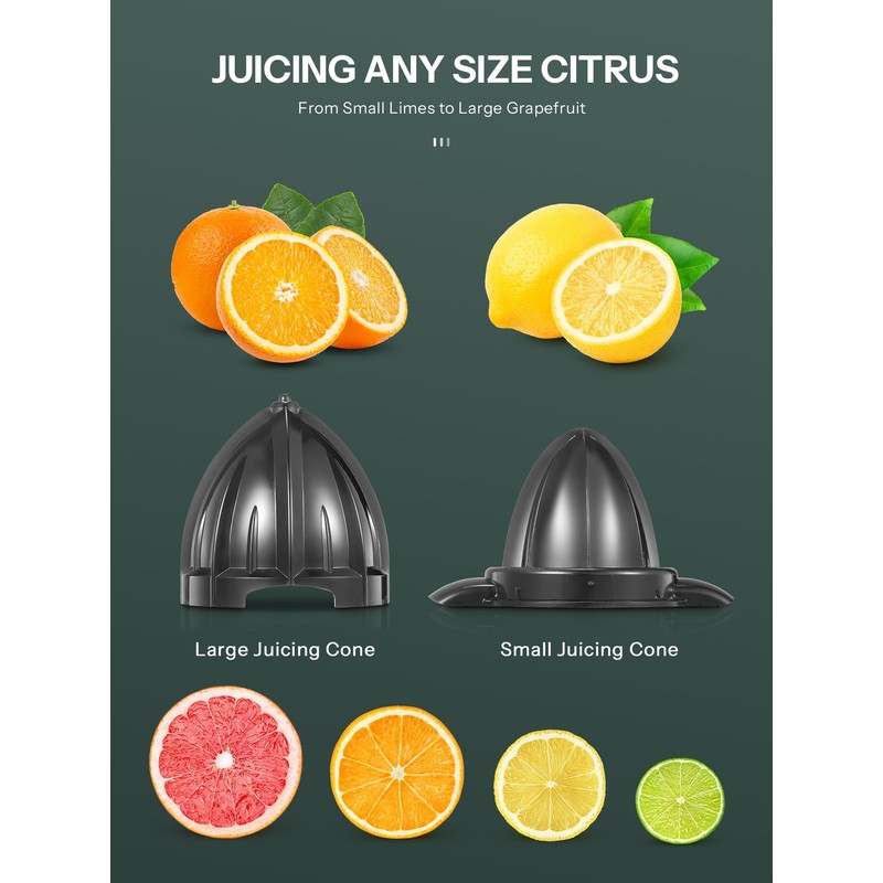 Professional Brushed Stainless Steel Electric Citrus Juicer, 2 Interchangeable Cones
