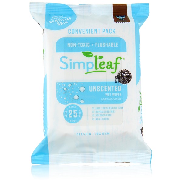 Simpleaf Flushable Wet Wipes Unscented - Eco-Friendly, Paraben & Alcohol Free - Septic Safe, Hypoallergenic For Sensitive Skin - Unscented Soothing Aloe Vera & Vitamin E Formula (12 x 25 Count) Pack