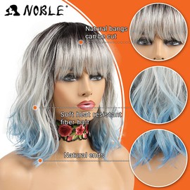 NOBLE Blue Wig with Fringe Short Bob Curly Wigs for Women Colourful Wavy Bob Wigs with Air Bangs Heat Resistant Synthetic Silver Blue Wigs