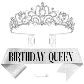 Silver Birthday Crown Sash Girls Ladies Birthday Decoration Rhinestone Birthday Tiara Princess Crown Crystal Queen Tiara Birthday Sash Birthday Decoration Party Clothing Accessories, Non-Precious