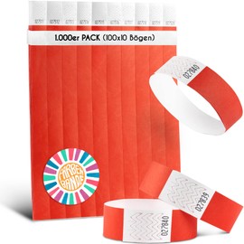 FARBEN BANDE® 1000 Admission Bands Red/Entrance Bands 19 mm Made of Tyvek/Party Ribbons Tear-Resistant, Waterproof and Numbered / Coloured Party Bands / Inlet Bands for Party, Festival and Festivals