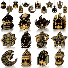 36 Pcs Ramadan Wooden Ornaments Eid Mubarak Hanging Ornaments Ramadan Mubarak Eid Party Wall Decorations Moon Star Wooden Hanging Ornaments for Tabletop Trees Decor 12 Styles